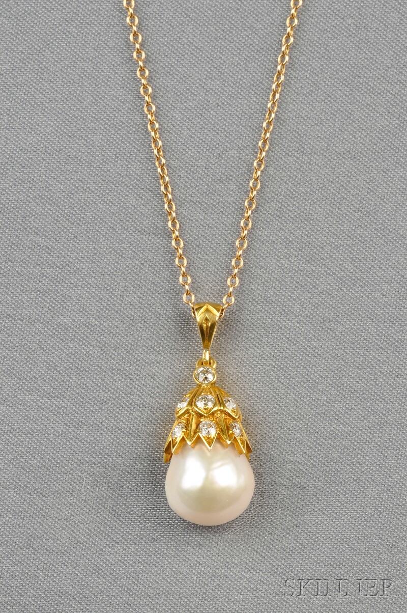 Appraisal: kt Gold Diamond and Cultured Baroque Pearl Necklace set with