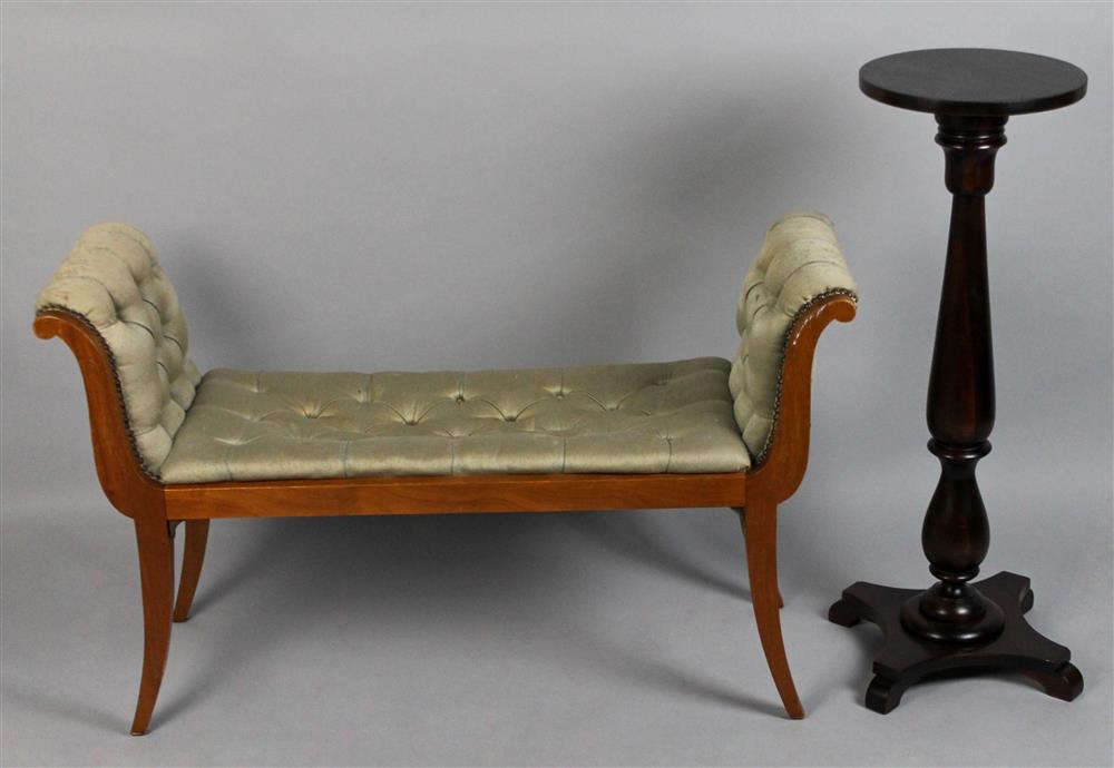 Appraisal: NEOCLASSICAL STYLE UPHOLSTERED BENCH AND A MAHOGANY PLANT STAND the