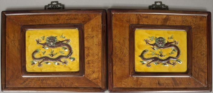 Appraisal: Pair of Framed Chinese Yellow Aubergine and Green Enameled Porcelain