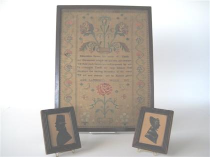 Appraisal: Needlework sampler and two silhouettes england first half th century