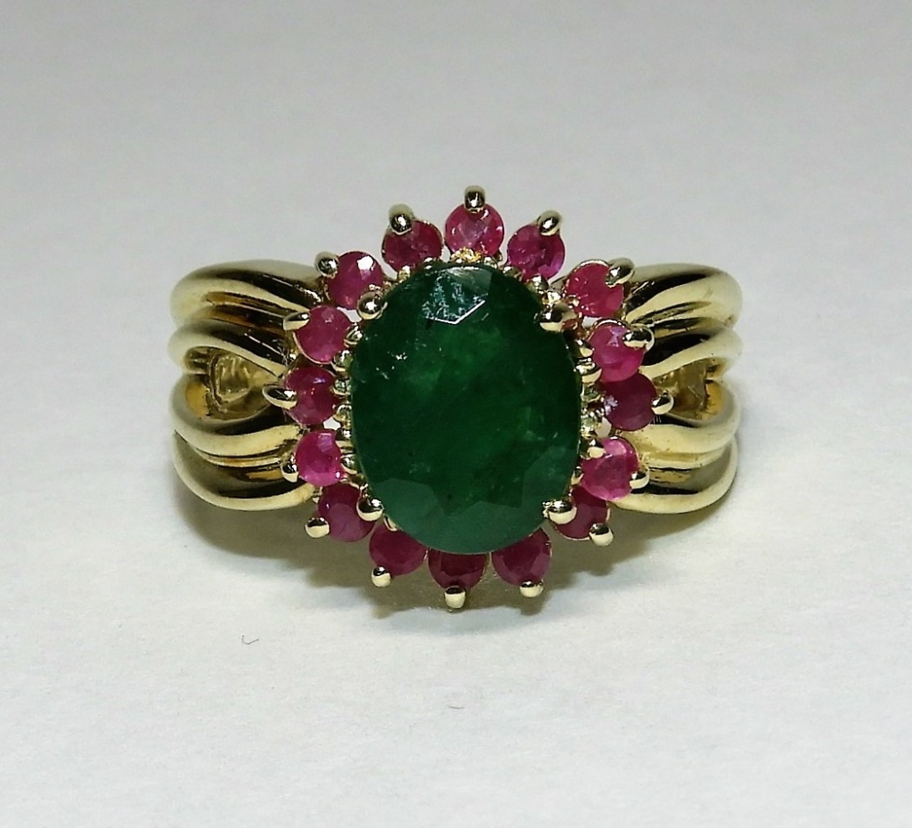 Appraisal: FINE FANCY K YELLOW GOLD EMERALD RUBY RING ContemporaryOval cut