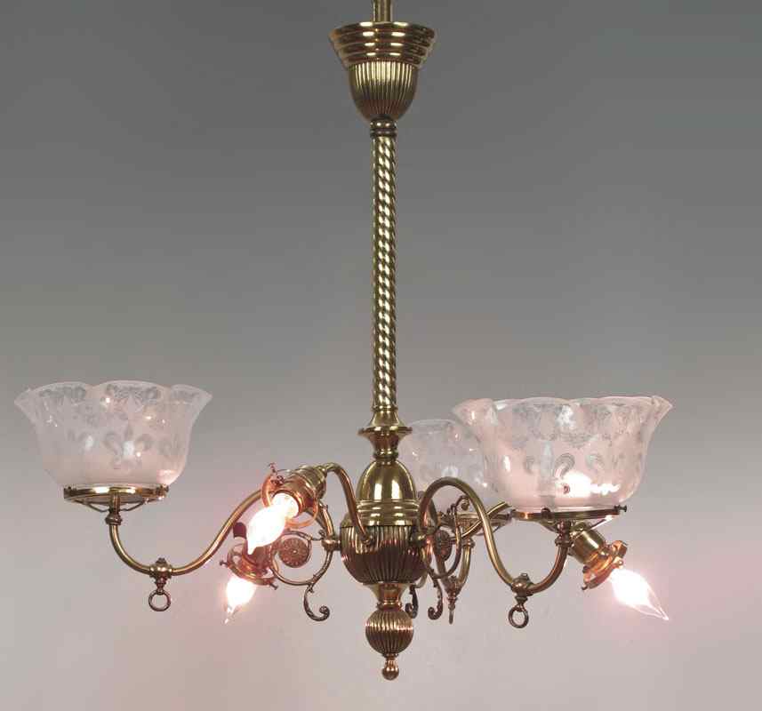 Appraisal: ARM GASOLIER CHANDELIER Converted to electricity The three up turned