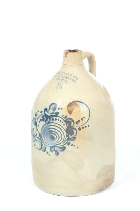 Appraisal: STONEWARE JUG American nd half- th century Brushed cobalt flower