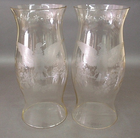 Appraisal: - Pair of glass hurricane shades each etched with spread-winged