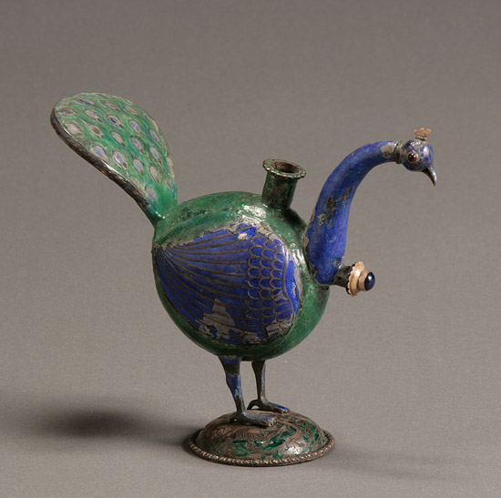 Appraisal: Indian Enameled Silver 'Peacock' Hookah Base Lucknow Circa Enameled in