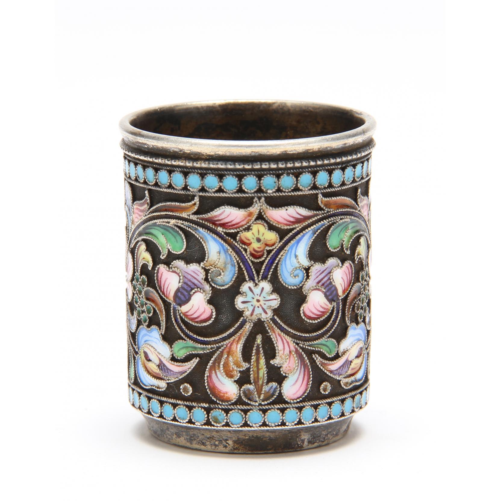 Appraisal: Russian Silver Shaded Cloisonne Vodka Cup by Maria Shemenova with