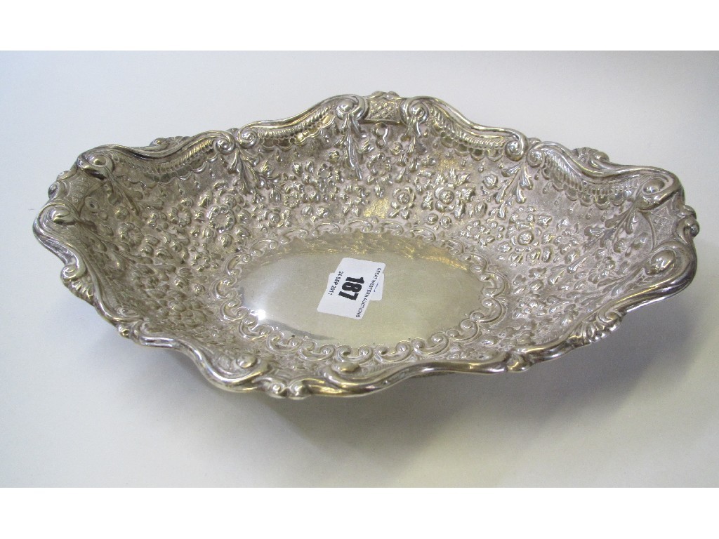 Appraisal: Embossed silver boat shaped dish London