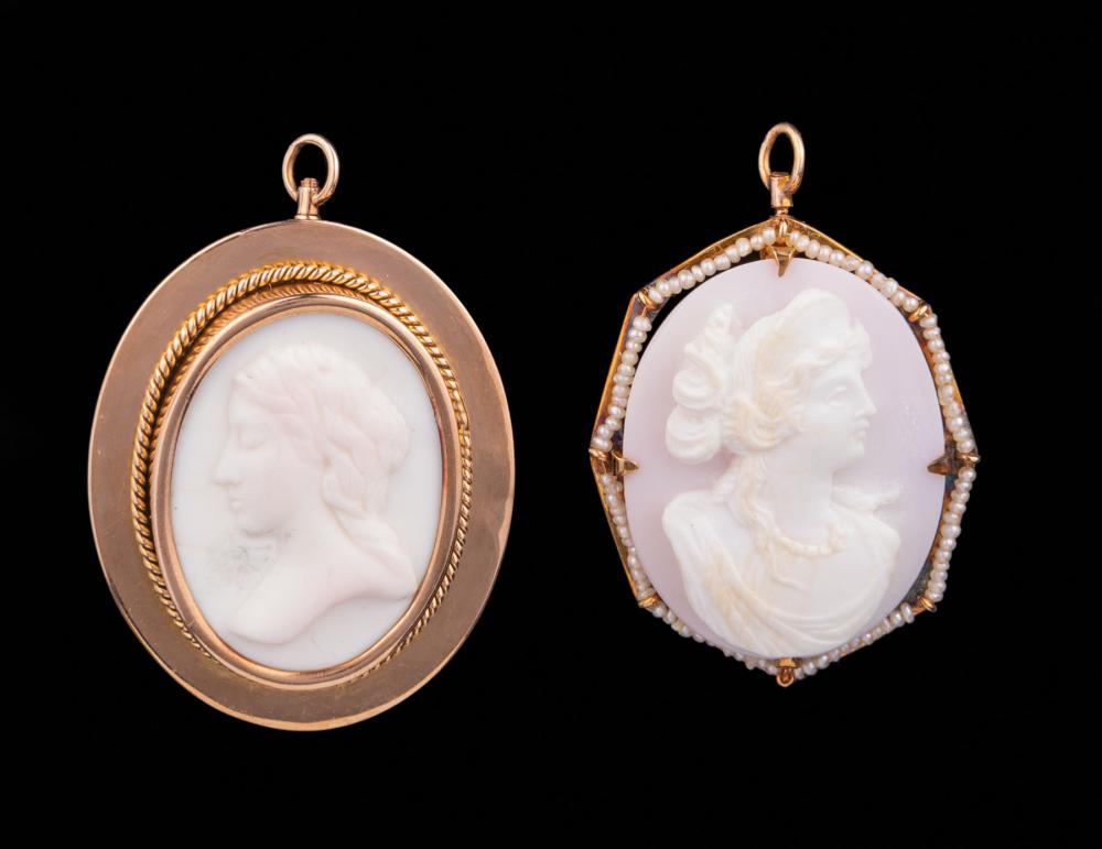 Appraisal: Two kt Yellow Gold and Shell-Carved Cameo Pendant Brooches Please