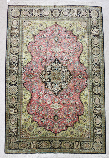 Appraisal: HAND KNOTTED SILK AREA RUG Indo-Persian floral and central floral