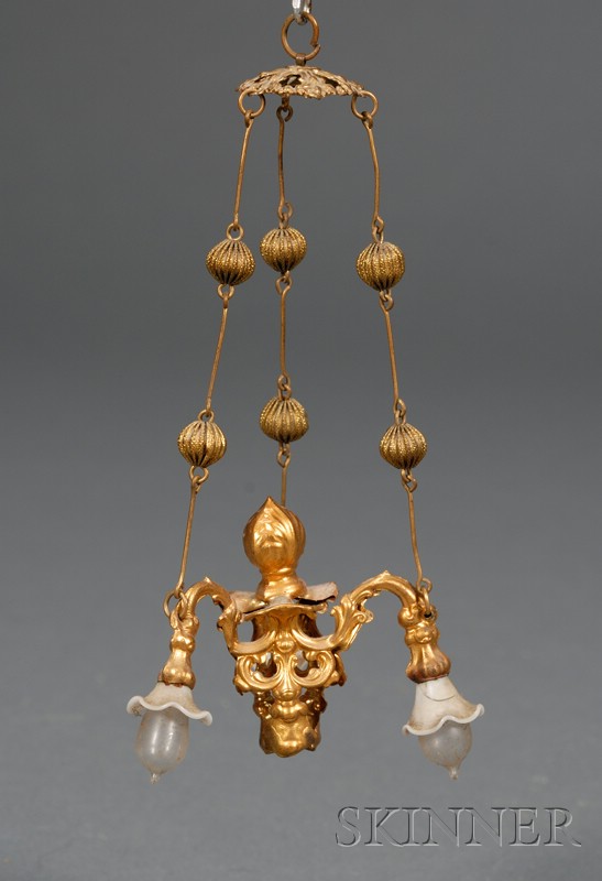 Appraisal: Marklin Brass Dollhouse Three-Branch Chandelier Germany early th century ruffled