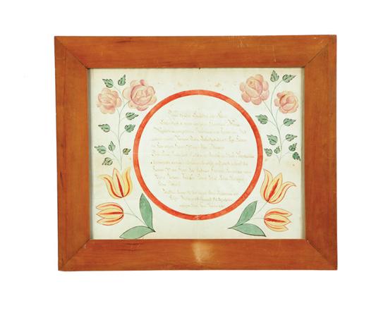 Appraisal: FRAKTUR Watercolor on laid paper Tulips and roses surrounding a