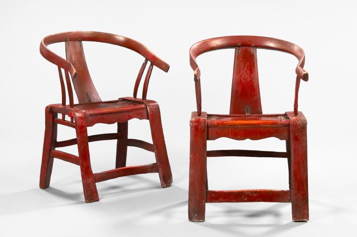 Appraisal: Pair of Chinese Provincial Red-Lacquered Yoke-Back Armchairs second quarter th