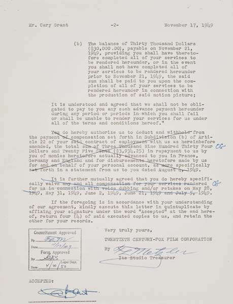 Appraisal: CARY GRANT Two typed letters each signed by Grant amending