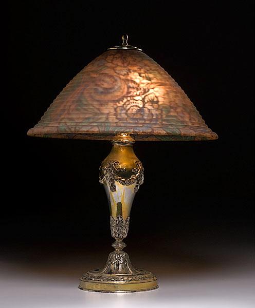 Appraisal: PAIRPOINT REVERSE PAINTED BEEHIVE TABLE LAMP ca - with conical