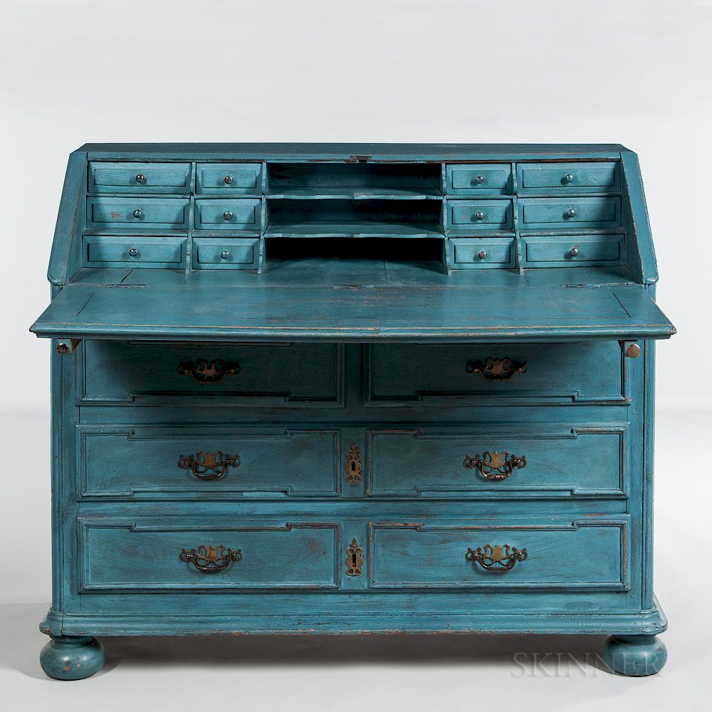 Appraisal: Blue-painted William and Mary Slant-lid Desk Blue-painted William and Mary