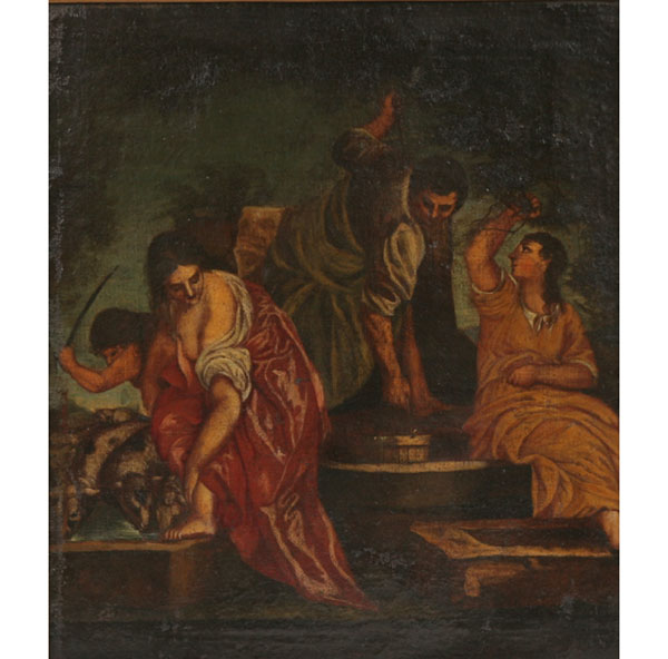 Appraisal: Early oil on canvas religious scene with robed bathing figures