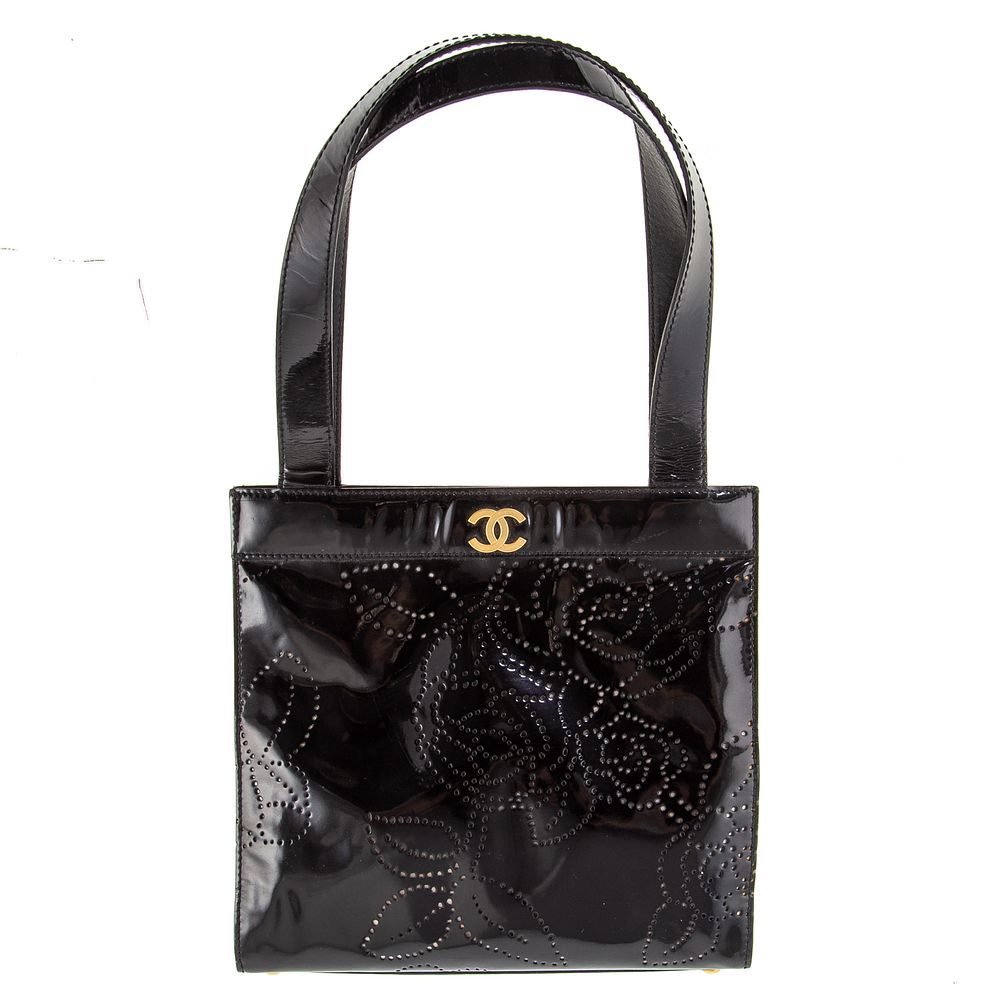 Appraisal: A Chanel Perforated Camellia Mini Tote A black perforated patent