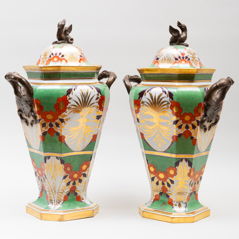 Appraisal: PAIR OF SPODE OCTAGONAL GREEN-GLAZED PARCEL GILT IRONSTONE JARS AND