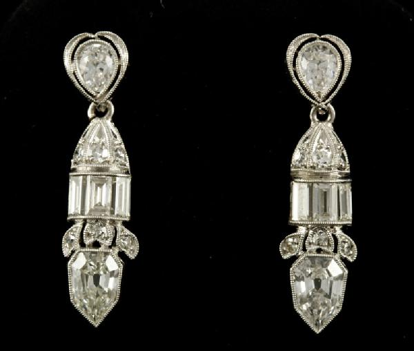 Appraisal: - Ladies' Art Deco Platinum and Diamond Earrings Ladies' Art