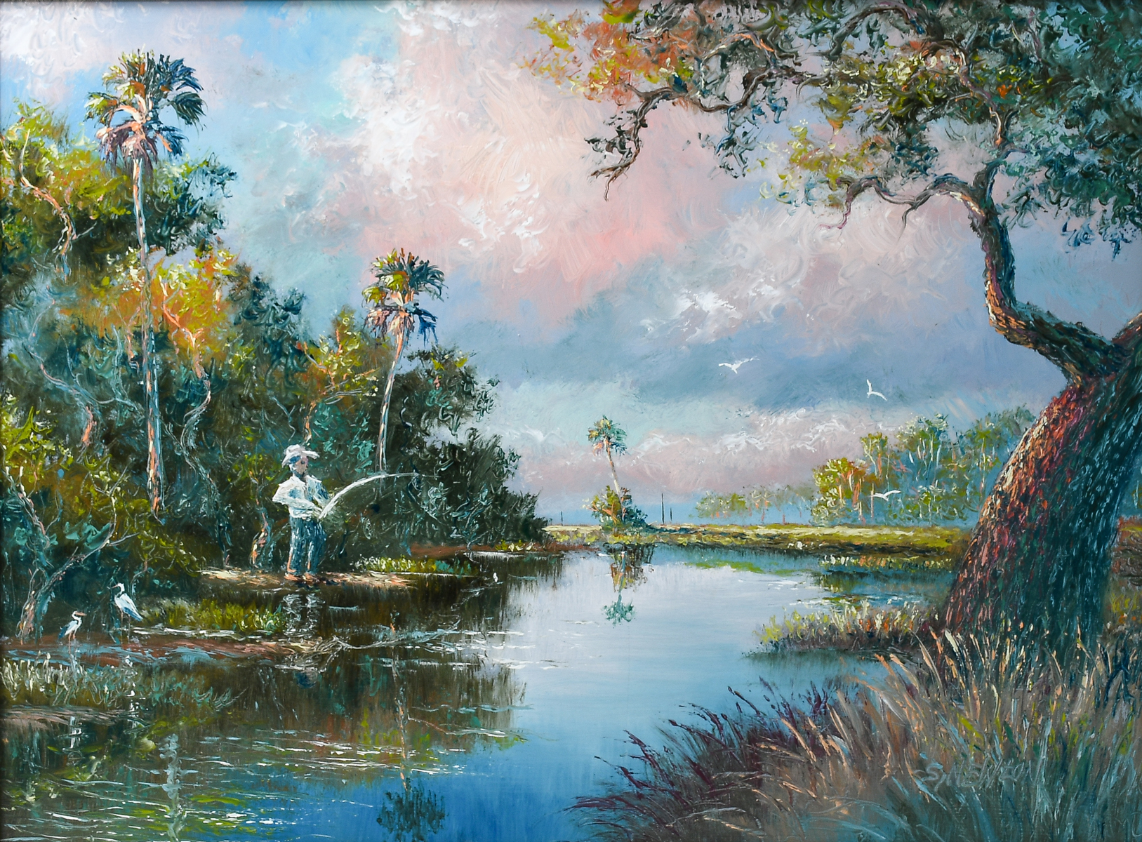 Appraisal: NEWTON Sam American b Florida Highwaymen Backwater Landscape with Fisherman