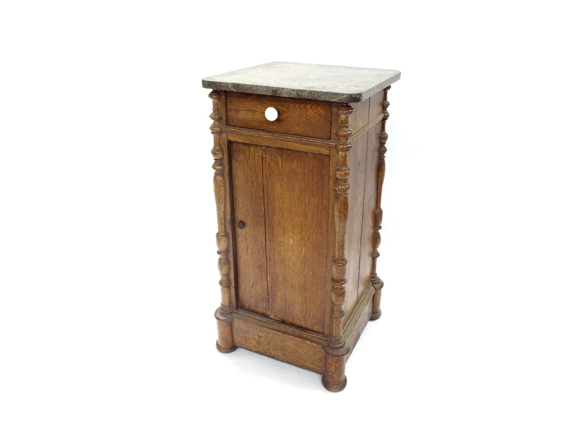 Appraisal: French oak marble top pot bedside cupboard high wide