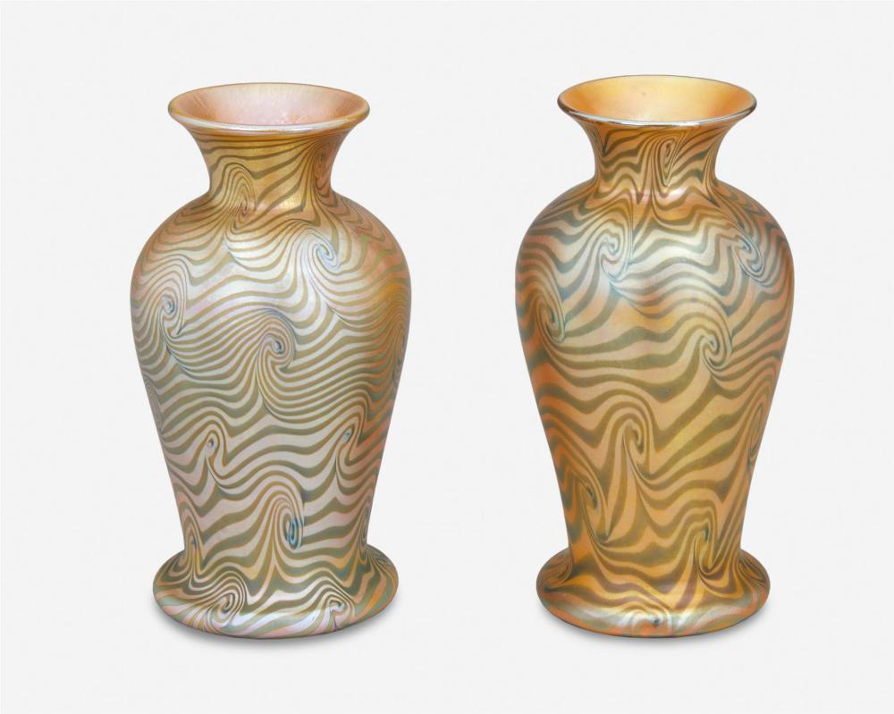 Appraisal: A pair of Loetz-style art glass vases th Century Each