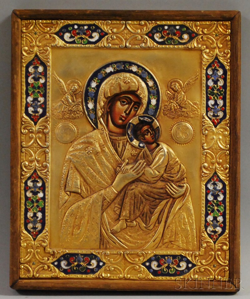 Appraisal: Enameled Gilt-metal Mounted Painted Wood Madonna and Child Icon Europe