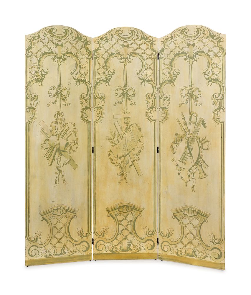 Appraisal: A Louis XV Style Painted Three-Panel Floor Screen TH CENTURY