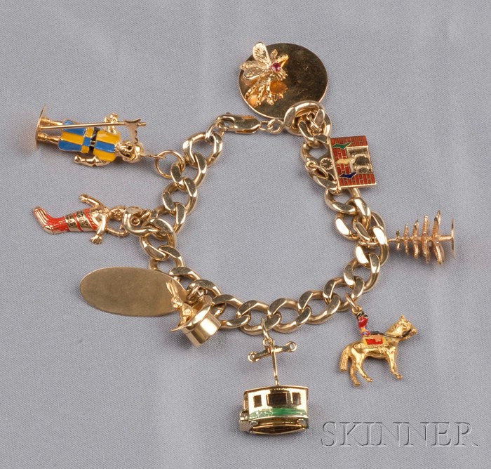 Appraisal: kt Gold and Enamel Charm Bracelet the flattened curb chain