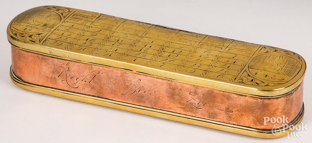 Appraisal: Dutch engraved brass and copper tobacco box Dutch engraved brass