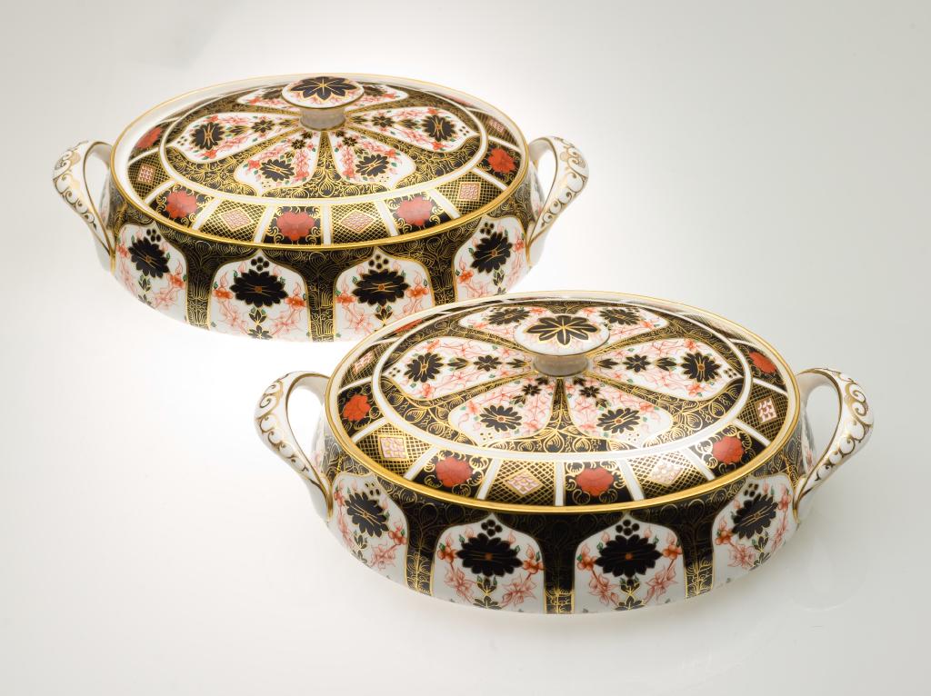 Appraisal: PAIR OF ROYAL CROWN DERBY PORCELAIN TWO-HANDLED TUREENS AND COVERS