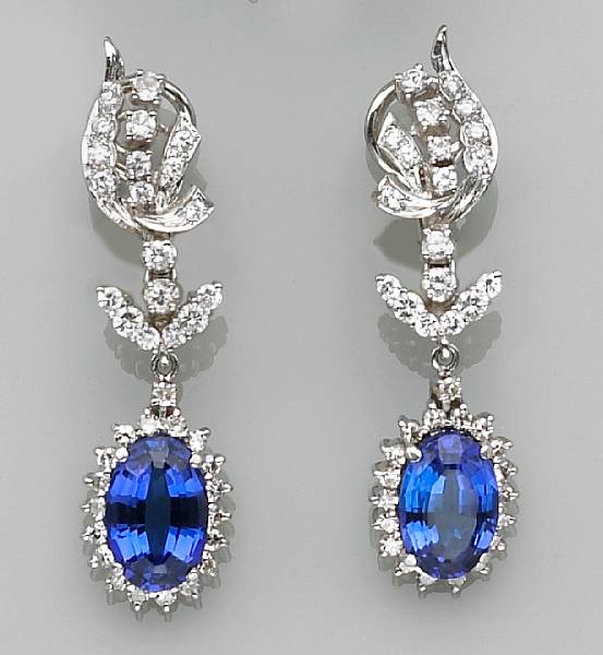 Appraisal: A pair of tanzanite and diamond pendant earrings estimated total