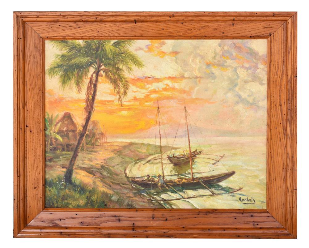 Appraisal: ISIDRO ANCHETA PHILIPPINO - PAINTINGFishing Boats Lodged at a Beach