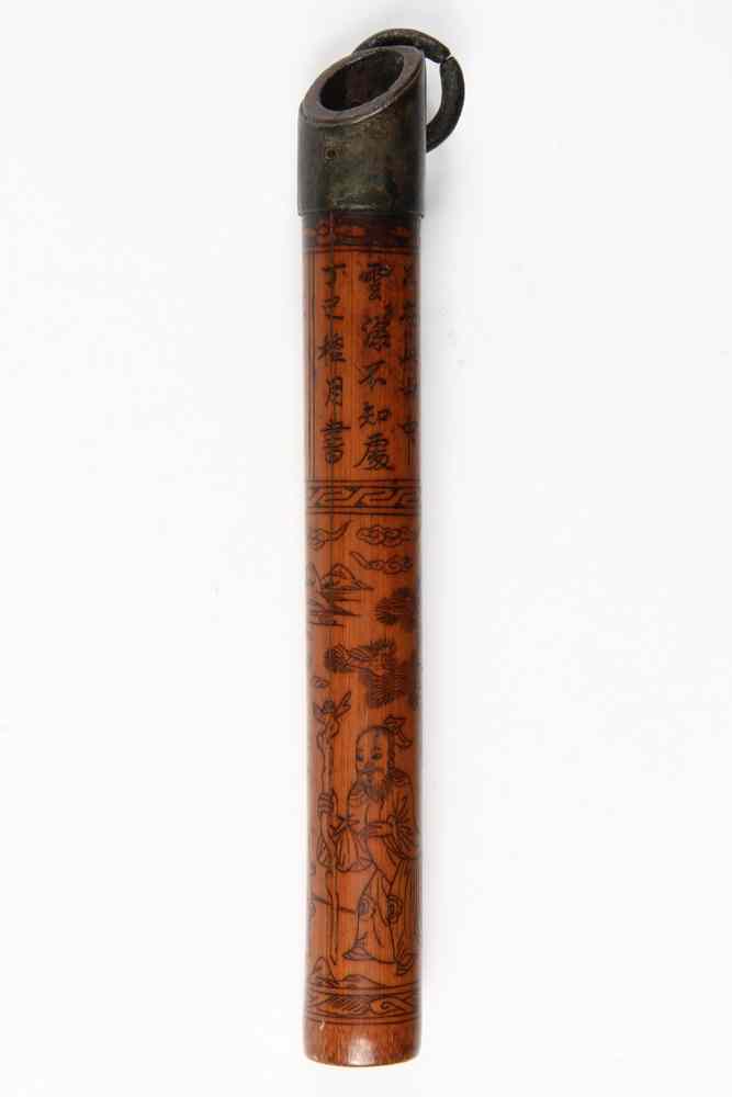 Appraisal: OLD CHINESE BAMBOO SHEATH- with loose ring bronze toggle Decorated