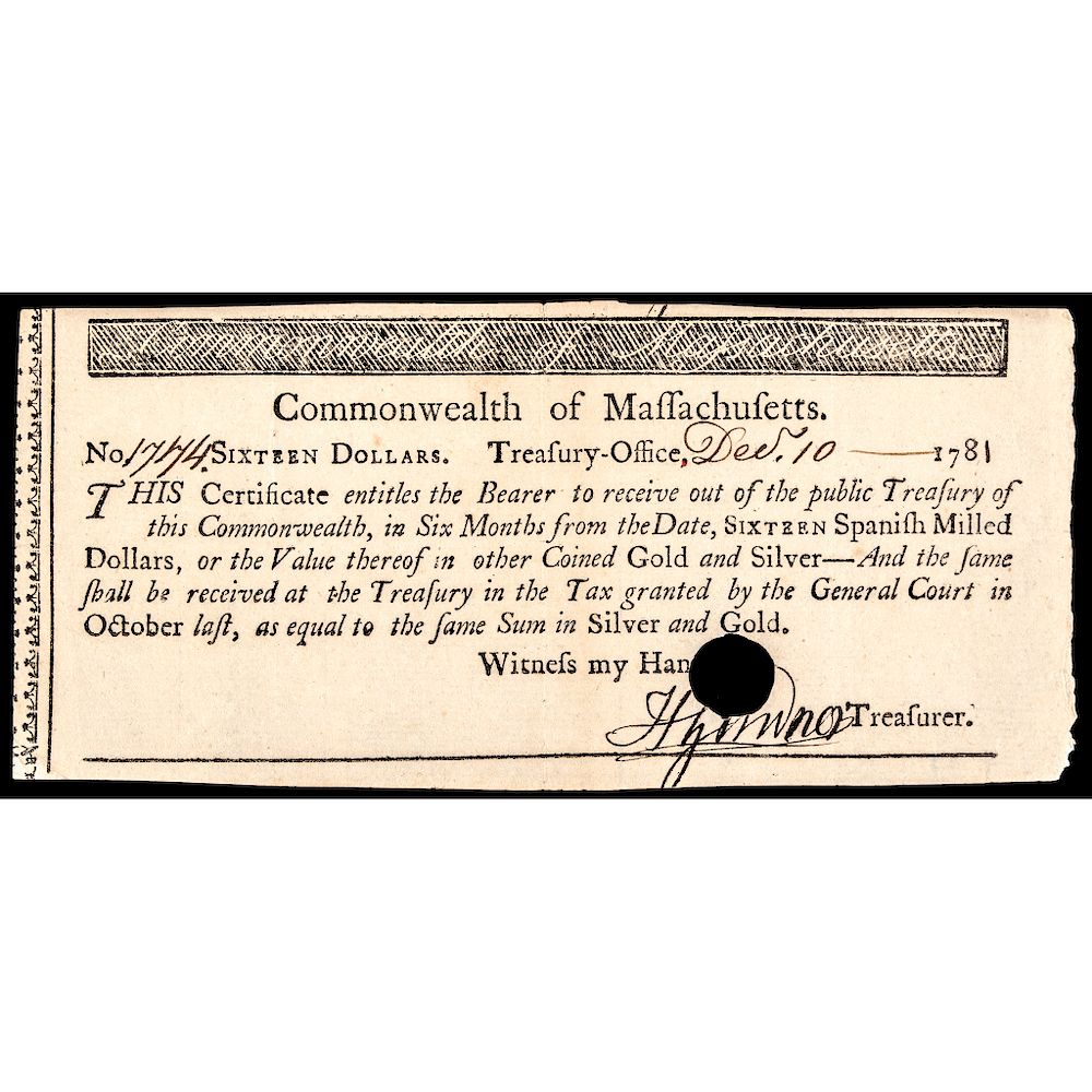 Appraisal: Colonial Currency MA Spanish Milled Dollars Treasurers Certificate Massachusetts Currency