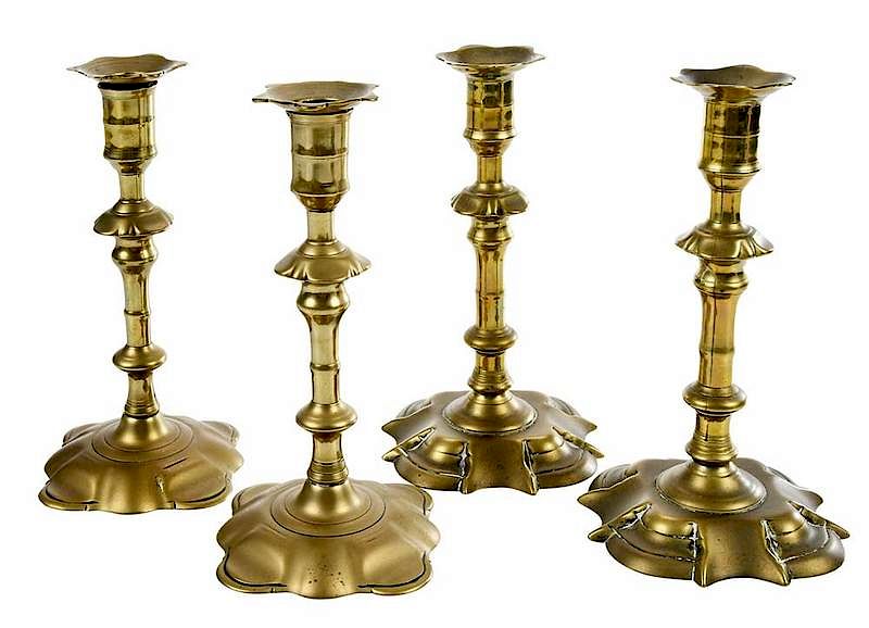 Appraisal: Two Pairs Brass Candlesticks British th century one pair petal