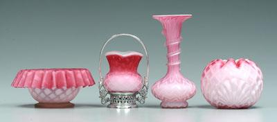 Appraisal: Four pieces cranberry satin glass mother-of-pearl vase - in small