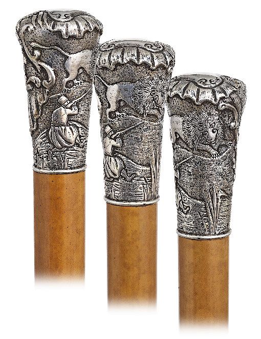 Appraisal: Silver Lion Hunting Cane -Ca -Large silver knob hand chased