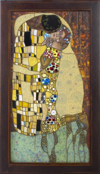 Appraisal: STAINED GLASSWindow in the style of Gustav Klimt The Kiss