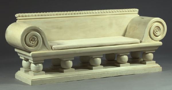 Appraisal: English Baroque-Style Ivory-Painted Wooden Garden Bench fitted with a loose