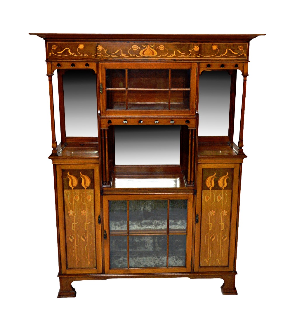 Appraisal: An Art Nouveau marquetry inlaid mahogany display cabinet cupboard with