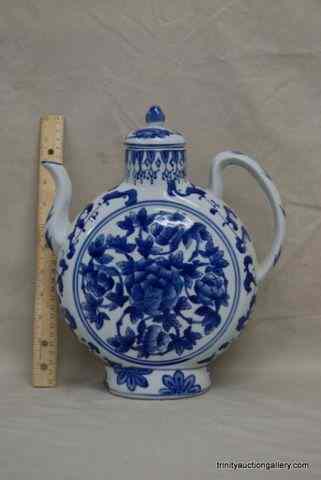 Appraisal: Large Ceramic Pottery Blue on White Tea KettleIs a very