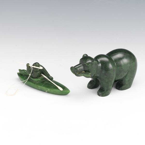 Appraisal: INUIT CARVED JADE FIGURINES One polar bear with a fish