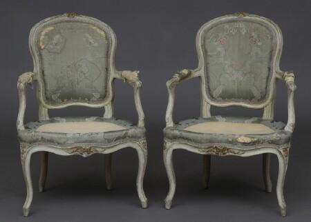 Appraisal: PAIR OF LOUIS XV CARVED AND PAINTED FAUTEUILS Each cartouche