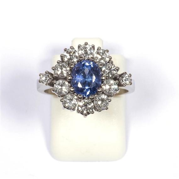 Appraisal: TANZANITE AND DIAMOND RING ca White gold Classic-elegant ring the