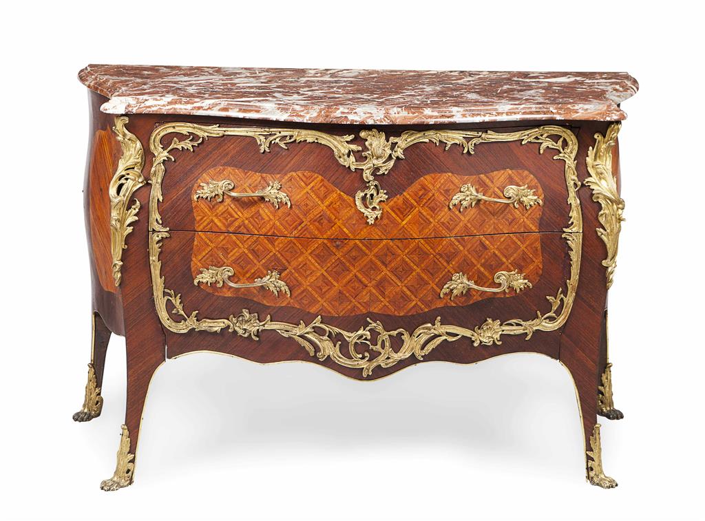 Appraisal: LOUIS XV STYLE AMARANTH AND KINGWOOD PARQUETRY MARBLE TOPPED COMMODE