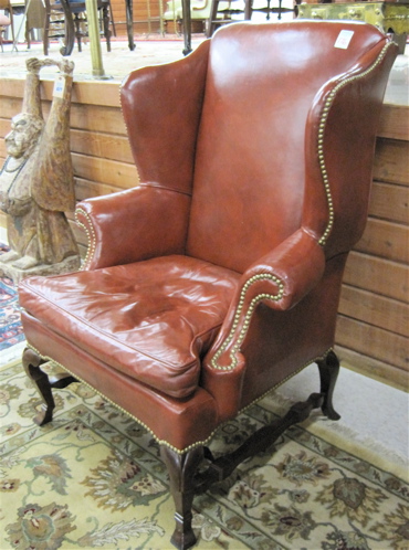 Appraisal: LEATHER WINGBACK ARMCHAIR Williamsburg Restoration by Leathercraft Hickory N C