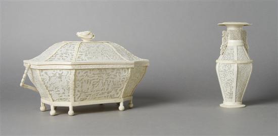 Appraisal: A Chinese Pierced Ivory Lidded Basket Height x width x