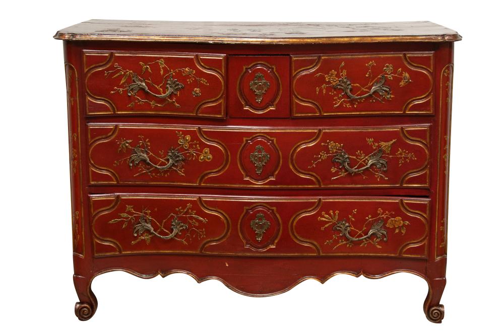 Appraisal: LOUIS XV CHINOISERIE LACQUERED COMMODEthe serpentine top with three small