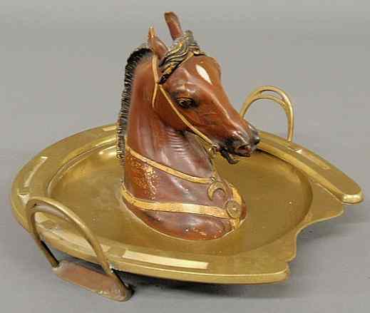 Appraisal: Vienna bronze cold painted horse head inkwell c mounted on